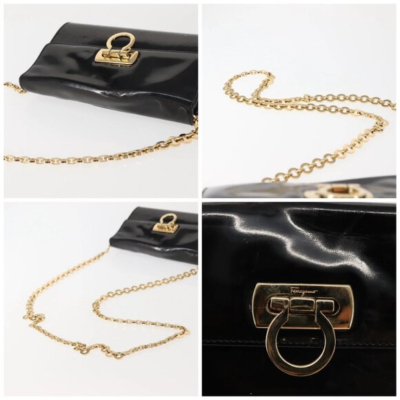 Salvatore Ferragamo Chain Gancini Shoulder Bag Enamel Black Gold Auth 142666 - Picture 16 of 16